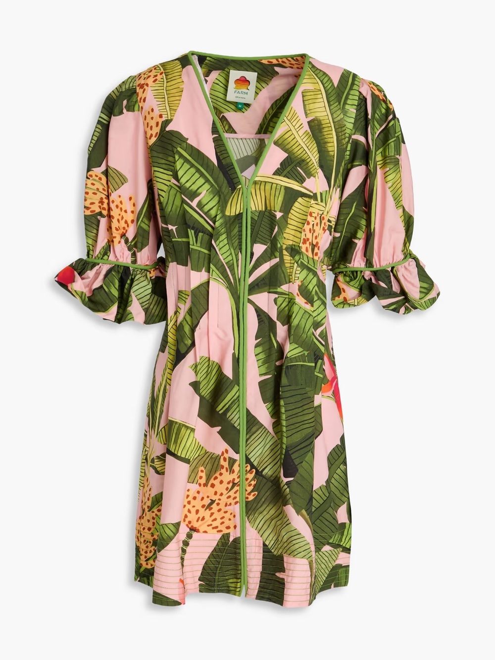 FARM Rio Pink & Green Tropical Leaf Ruffle-Sleeve Dress